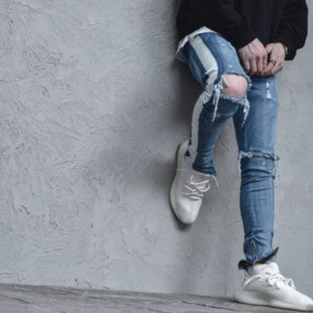 Lakenzie Men’s Jeans Street Style Distressed White Stripe Skinny Zip Ankle